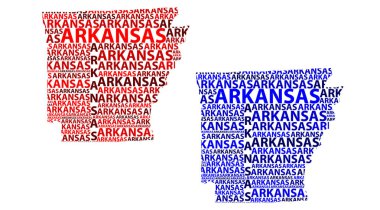 Kroki Arkansas (Amerika Birleşik Devletleri, doğal devlet, ayı devlet) harfi metin harita, Arkansas göster - kıta harita Arkansas - şeklinde kırmızı ve mavi vektör çizim