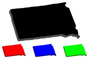 Güney Dakota (Amerika Birleşik Devletleri, Rushmore Dağı devlet) - 3D harita siyah, kırmızı, mavi ve yeşil - vektör çizim