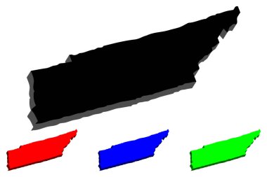 3D Tennessee (Amerika Birleşik Devletleri, gönüllü devlet) - siyah, kırmızı, mavi ve yeşil - vektör çizim Haritası