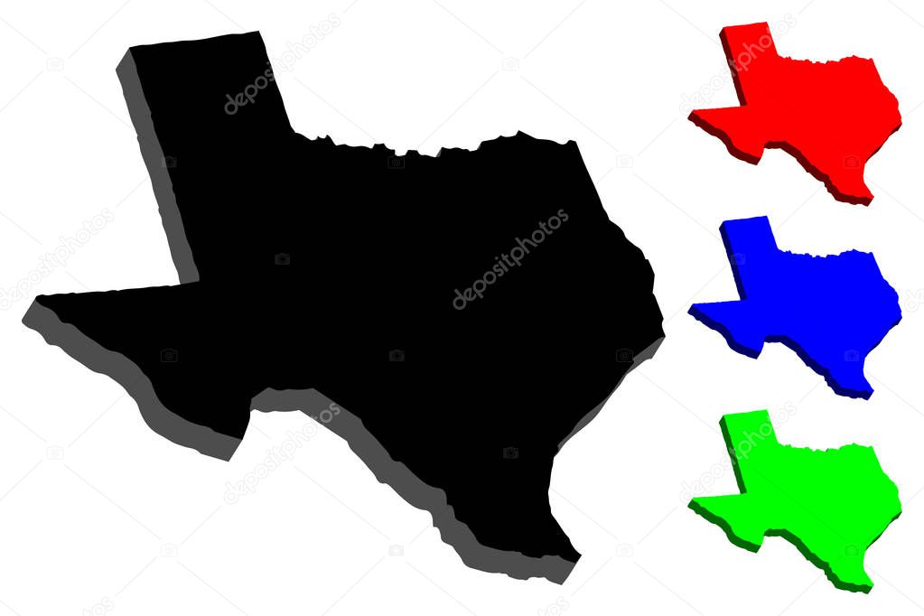 3D map of Texas (United States of America, The Lone Star State) - black, red, blue and green - vector illustration