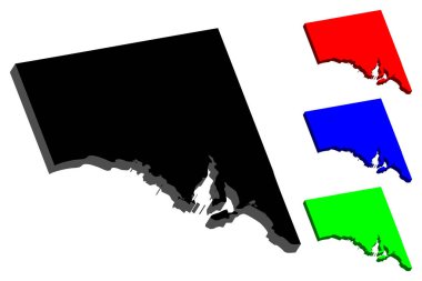 3D harita Güney Avustralya (Avustralya Eyalet ve bölgelerde, Sa) - siyah, kırmızı, mavi ve yeşil - illüstrasyon vektör