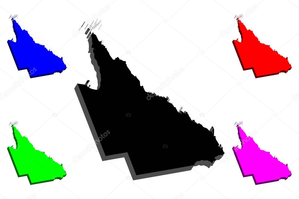 3D map of Queensland (Australian states and territories, Qld) - black, red, purple, blue and green - vector illustration