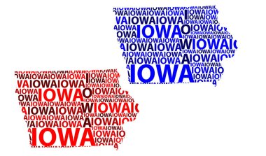 Kroki Iowa (Amerika Birleşik Devletleri) harfi metin harita, Iowa harita - kıta, harita Iowa - kırmızı ve mavi vektör çizim şeklinde