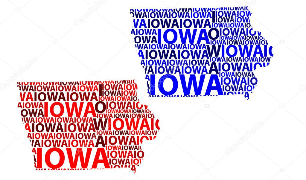 Sketch Iowa (United States of America) letter text map, Iowa map - in the shape of the continent, Map Iowa - red and blue vector illustration