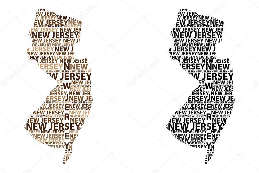 Sketch New Jersey (United States of America) letter text map, New Jersey map - in the shape of the continent, Map New Jersey - brown and black vector illustration