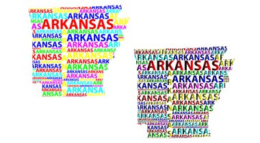 Arkansas (Amerika Birleşik Devletleri, doğal devlet, ayı devlet) harfi metin harita, Arkansas harita - kıta, harita Arkansas - renk vektör çizim şeklinde kroki