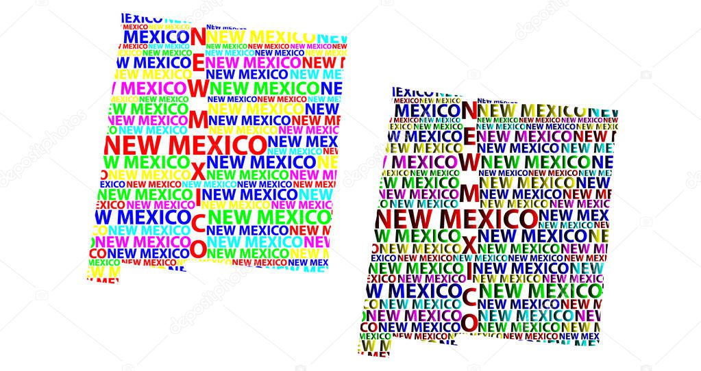 Sketch New Mexico (United States of America) letter text map, New Mexico map - in the shape of the continent, Map New Mexico - color vector illustration