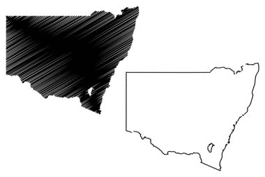 Yeni Güney Galler (Avustralya Eyalet ve bölgelerde, Nsw) vektör çizim, karalama taslak New South Wales harita harita