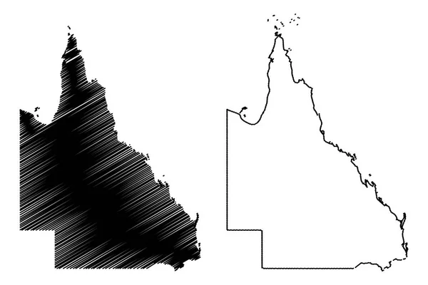 クイーンズランド オーストラリアの州と準州 クイーンズランド州 ベクトル図 フリーハンド スケッチ クイーンズランド州地図マップ — ストックベクタ