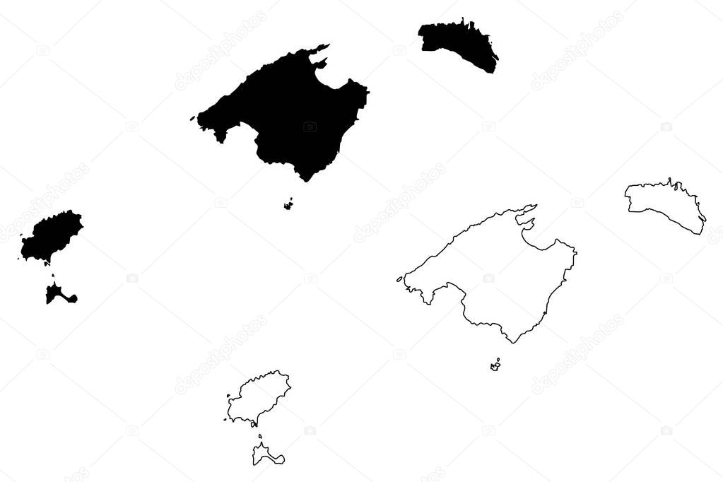 Balearic Islands (Kingdom of Spain, Autonomous community) map vector illustration, scribble sketch  Mallorca, Menorca, Ibiza and Formentera map