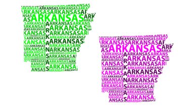 Kroki Arkansas (Amerika Birleşik Devletleri, doğal devlet, ayı devlet) harfi metin harita, Arkansas göster - kıta harita Arkansas - şeklinde yeşil ve mor vektör çizim