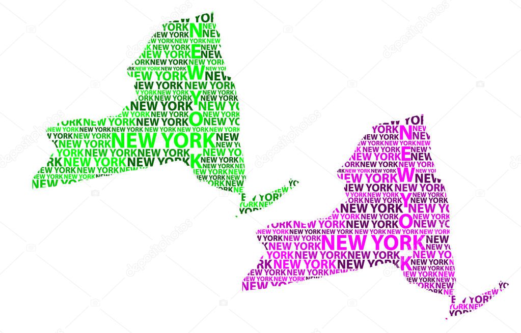 Sketch New York (United States of America) letter text map, New York map - in the shape of the continent, Map New York (state) - green and purple vector illustration