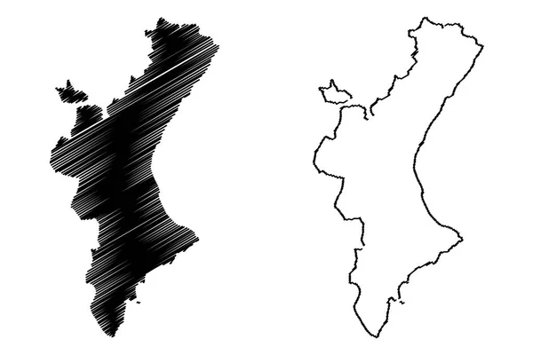 Comunidade Valenciana Reino Espanha Comunidade Autônoma Mapa Ilustração Vetorial Esboço — Vetor de Stock