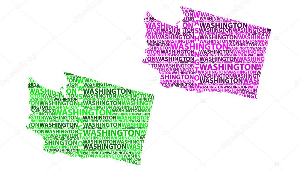 Sketch Washington (state) (United States of America) letter text map, Washington (state) map - in the shape of the continent, Map State of Washington - green and purple vector illustration