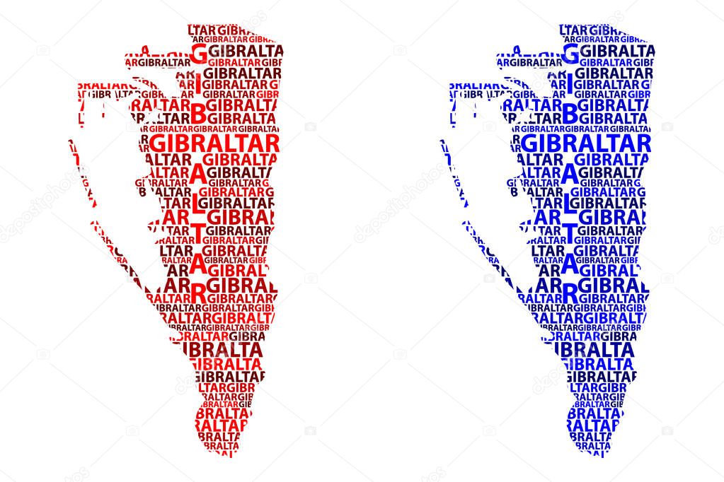Sketch Gibraltar letter text map, Rock of Gibraltar - in the shape of the continent, Map Gibraltar (British Overseas Territory) - red and blue vector illustration