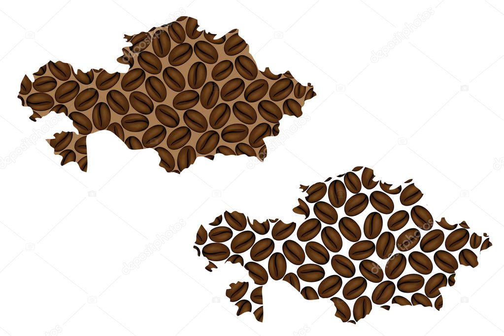 Kazakhstan -  map of coffee bean, Republic of Kazakhstan map made of coffee beans,