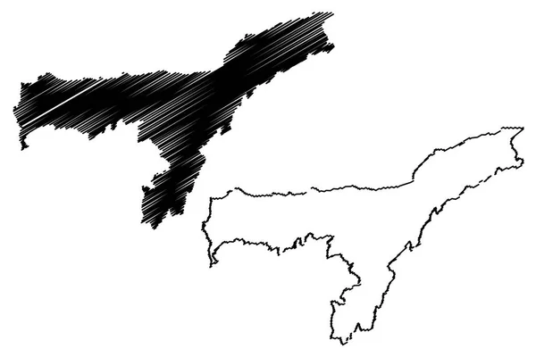 阿萨姆邦 印度的国家和联邦领土 印度共和国 地图矢量图 涂鸦草图萨姆州地图 — 图库矢量图片