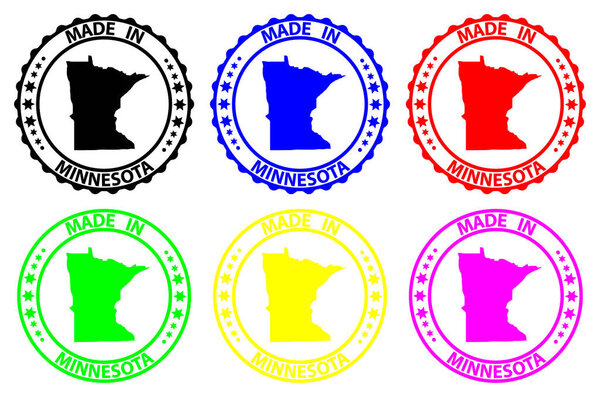 Made in Minnesota - rubber stamp - vector, Minnesota (United States of America) map pattern - black, blue, green, yellow, purple and red