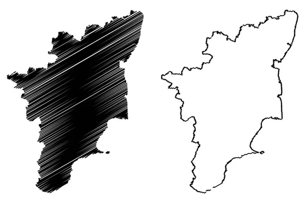 泰米尔纳德邦 印度共和国和联邦领土 地图矢量图 涂鸦素描泰米尔纳德邦 马德拉斯州 — 图库矢量图片