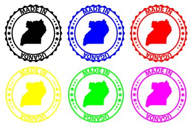 Made in Uganda - rubber stamp - vector, Republic of Uganda map pattern - black, blue, green, yellow, purple and red clipart
