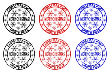 Neşeli Noel, Noel sonrası - Kuzey Kutbu - lastik damgası - etiket - vektör - siyah, kırmızı, mavi,