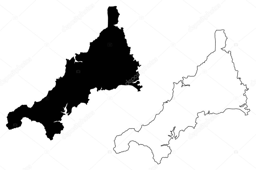 Cornwall (United Kingdom, England, Non-metropolitan county, shire county) map vector illustration, scribble sketch Cornwall map