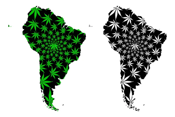 Sud America continente - mappa è progettato foglia di cannabis — Vettoriale Stock