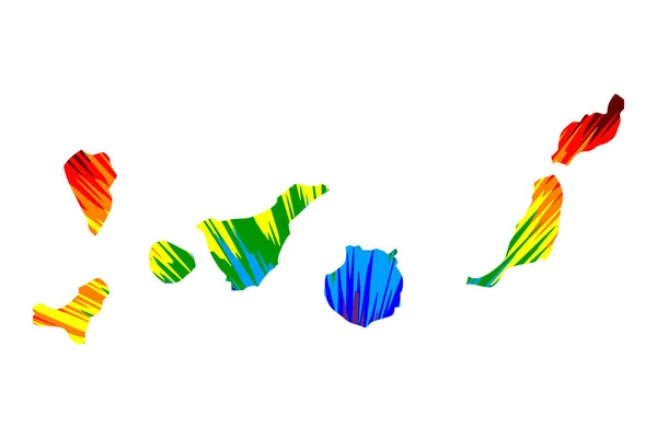 카나리아 제도 -지도는 무지개 추상 다채로운 패턴을 설계, 이슬라스 카나리아스 색상 폭발로 만든지도, — 스톡 벡터