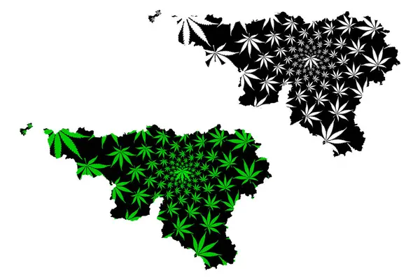 Wallonia (Comunità e regione del Belgio, Regno del Belgio) mappa è stato progettato foglia di cannabis verde e nero, Wallonia mappa fatta di marijuana (marijuana, THC) fogliame — Vettoriale Stock