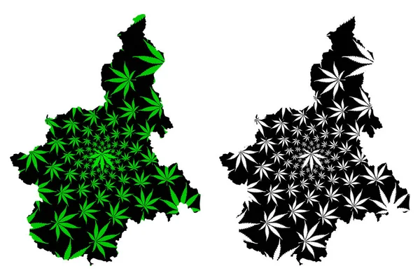 Piemont (Autonomiczny Region Włoch, Republika Włoska) mapa jest zaprojektowana liść konopi zielony i czarny, Mapa Piemonte wykonane z marihuany (marihuana, THC) liści — Wektor stockowy