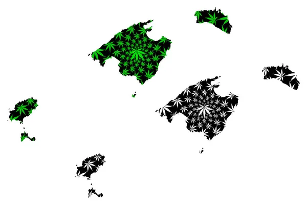 Ilhas Baleares (Reino de Espanha, Comunidade Autónoma) mapa é projetado folha de cannabis verde e preto, Maiorca, Menorca, Ibiza e Formentera mapa feito de maconha (maconha, THC) folhagem , — Vetor de Stock