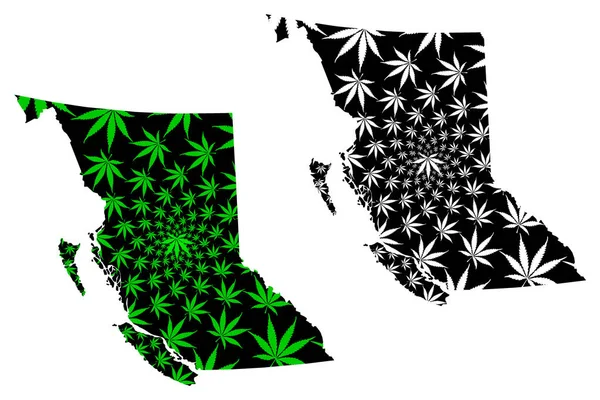 British Columbia (províncias e territórios do Canadá, BC) mapa é projetado folha de cannabis verde e preto, British Columbia mapa feito de maconha (maconha, THC) folhagem , — Vetor de Stock