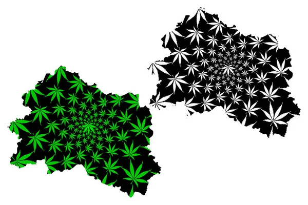 Oblast de Oryol (Rússia, Assuntos da Federação Russa, Oblastos da Rússia) mapa é projetado folha de cannabis verde e preto, Oblast de Oryol mapa feito de maconha (maconha, THC) foliag — Vetor de Stock