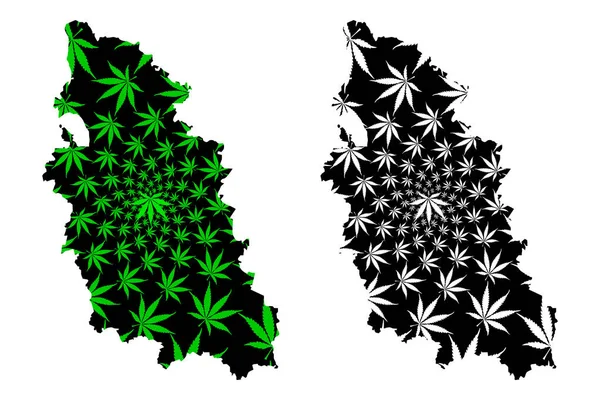 Pskov Oblast (Russia, Subjects of the Russian Federation, Oblasts of Russia) map is designed cannabis leaf green and black, scribble sketch Pskov Oblast map made of marijuana (marihuana, THC) foliag — Vector de stock