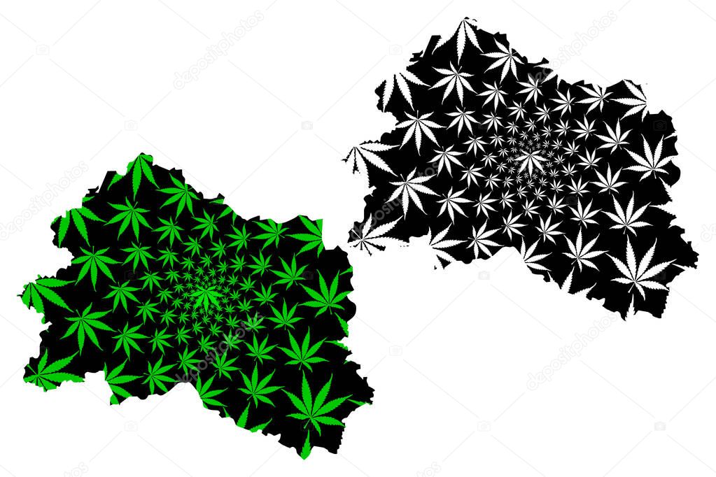 Oryol Oblast (Russia, Subjects of the Russian Federation, Oblasts of Russia) map is designed cannabis leaf green and black, Oryol Oblast map made of marijuana (marihuana,THC) foliag