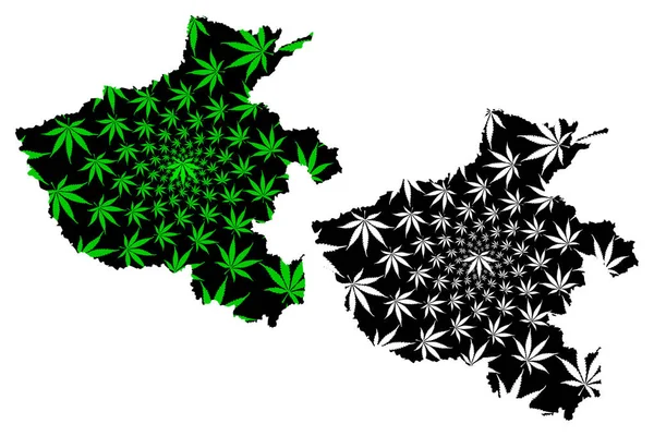 Província de Henan (divisões administrativas, República Popular da China, RPC) mapa é projetado folha de cannabis verde e preto, Zhongyuan ou Zhongzhou mapa feito de maconha (maconha, THC) foliag — Vetor de Stock