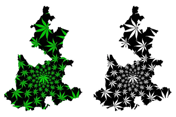 Puebla (Zjednoczone Meksykańskie Stany, Meksyk, Republika Federalna) mapa jest zaprojektowana liść konopi zielone i czarne, darmowe i Sovereign State of Puebla mapa z marihuany (marihuana, THC) liści — Wektor stockowy