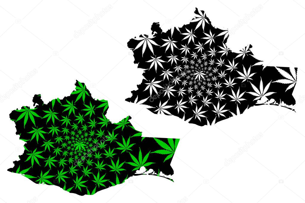 Oaxaca (United Mexican States, Mexico, federal republic) map is designed cannabis leaf green and black, Free and Sovereign State of Oaxaca map made of marijuana (marihuana,THC) foliage