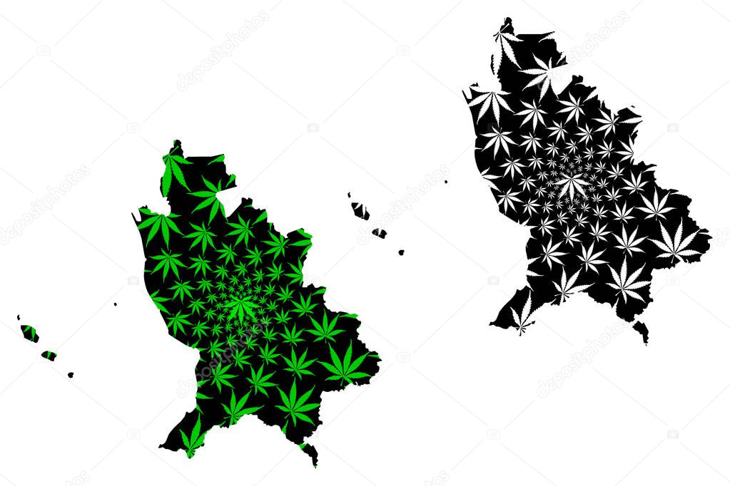 Nayarit (United Mexican States, Mexico) map is designed cannabis leaf green and black, Free and Sovereign State of Nayarit (island  Mar��as and Marietas) map made of marijuana (marihuana,THC) foliage