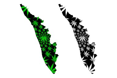 Kerala (Hindistan eyaletleri ve birliği toprakları, Federe devletler, Hindistan Cumhuriyeti) haritası esrar yaprağı yeşil ve siyah, Kerala devlet haritası esrar (marihuana, Thc) foliag yapılmış tasarlanmıştır