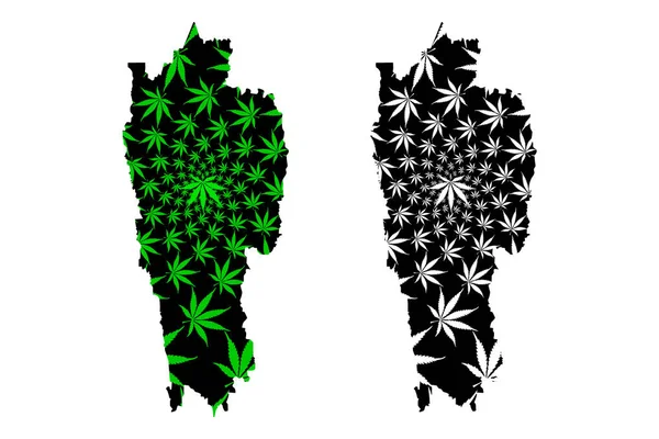 Mizoram (státy a odbory v Indii, federované státy, Indická republika) jsou navrženy s konopním zeleným a černým listem, kde je státní mapa z marihuany (marihuany, THC) foliag — Stockový vektor