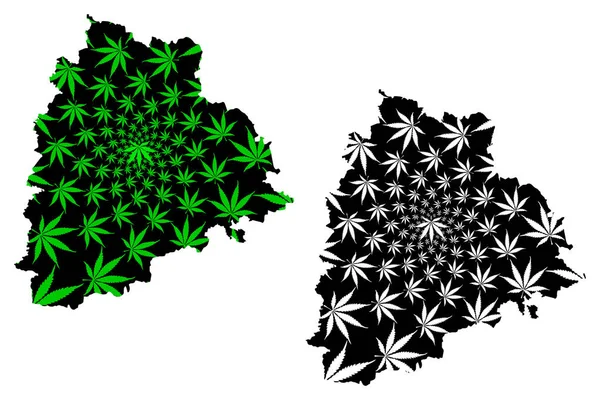 Telangana (estados y territorios de unión de la India, estados federados, República de la India) mapa está diseñado hoja de cannabis verde y negro, Telangana mapa estatal hecho de marihuana (marihuana, THC) foliag — Vector de stock