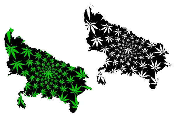 Uttar Pradesh (territórios da Índia, Estados Federados, República da Índia) mapa é projetado folha de cannabis verde e preto, Uttar Pradesh (UP) mapa do estado feito de maconha (maconha, THC) foliag — Vetor de Stock