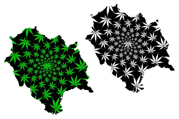 Himachal Pradesh (territórios da Índia, Estados Federados, República da Índia) mapa é projetado folha de cannabis verde e preto, Himachal Pradesh mapa do estado feito de maconha (maconha, THC) foliag — Vetor de Stock