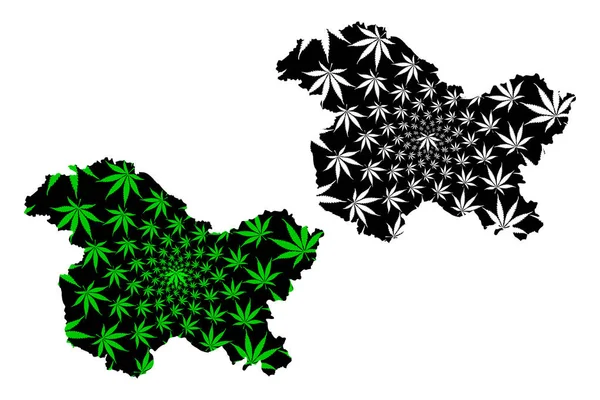 Jammu en Kasjmir (territoria van India, Federale Staten, Republiek India) kaart is ontworpen cannabis blad groen en zwart, Jammu en Kasjmir staat kaart gemaakt van marihuana (marihuana, THC) foliag — Stockvector