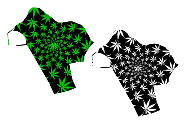 Puducherry (estados y territorios de unión de la India, República de la India) mapa está diseñado hoja de cannabis verde y negro, Mahe (India francesa) mapa hecho de marihuana (marihuana, THC) foliag — Vector de stock