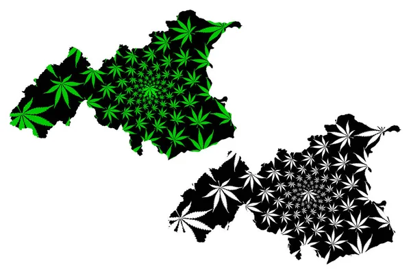 Mappa di Gaziantep (Province della Repubblica di Turchia) è stata progettata foglia di cannabis verde e nera, mappa di Gaziantep ili fatta di foglie di marijuana (marijuana, THC) — Vettoriale Stock