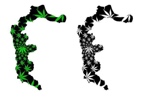 アザドカシミール(イスラム共和国、パキスタンの州と地区)マップは、マリファナ(マリフアナ、Thc)の葉で作られた大麻の葉緑と黒、アザドジャンムーとカシミール(Ajk)マップを設計されています — ストックベクタ