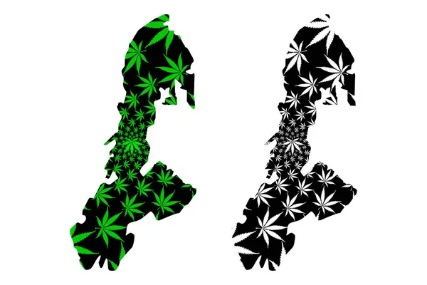 布顿岛（印度尼西亚的分区，印度尼西亚各省）地图是设计大麻叶绿色和黑色，布顿（布顿，布顿或巴顿）地图由大麻（马里瓦纳，Thc）叶 — 图库矢量图片