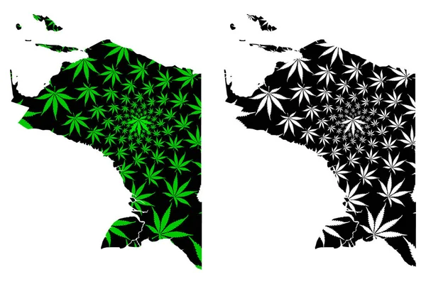 Mapa Papua (podobszar Indonezji, prowincje Indonezji) jest zaprojektowana jako Zielona i czarna, Mapa Papua (Zachodnia Nowa Gwinea) z marihuany (marihuana, THC) liści — Wektor stockowy